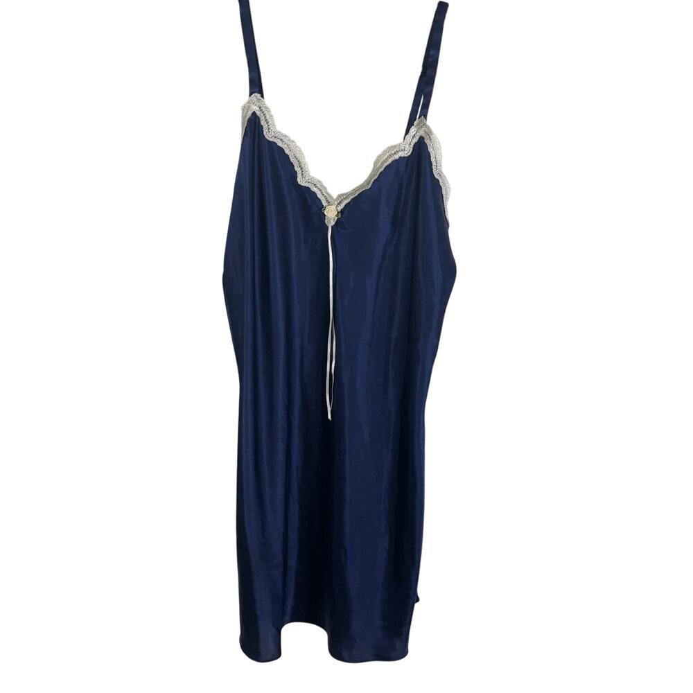 Vintage LA Intimates Nightgown M Navy Blue Satin Lace Slip Dress Made USA